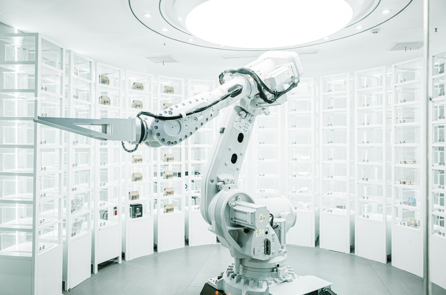 Braccio robotico in un moderno magazzino che preleva scatole.